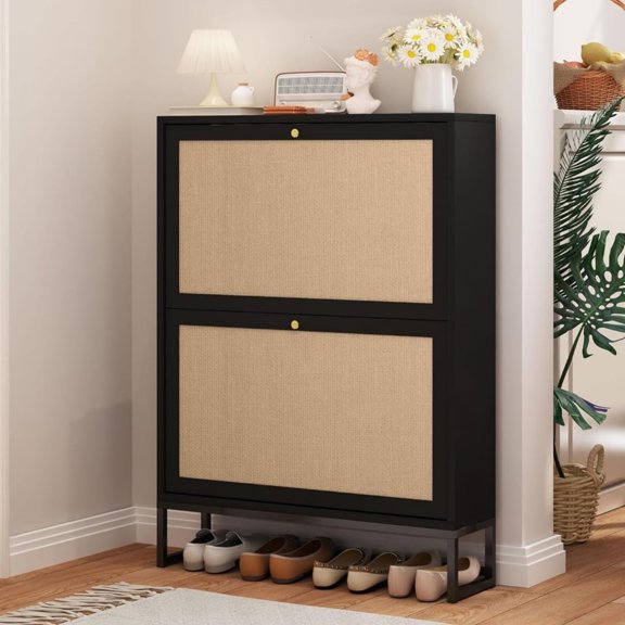 Modern 2-Drawer Shoe Storage Cabinet, Linen Panel Hidden Stand MDF White