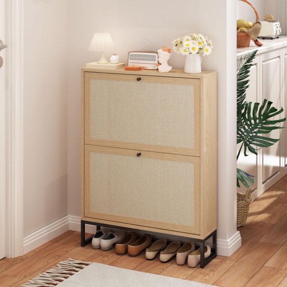 Modern 2-Drawer Shoe Storage Cabinet, Linen Panel Hidden Stand MDF White