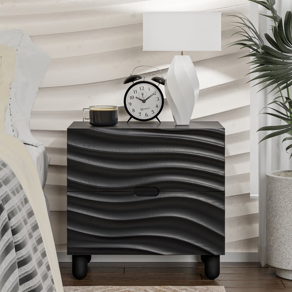 Modern 2 Drawer Wood Nightstand with 3D Wave Drawer Fronts, Contemporary Bed Side Table with Groove Handle and Solid Pine Leg for Bedroom (Black)