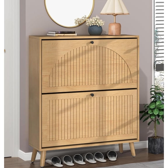 Modern 2 Flip Drawer Shoe Cabinet for Entryway, Narrow Natural Storage Organizer