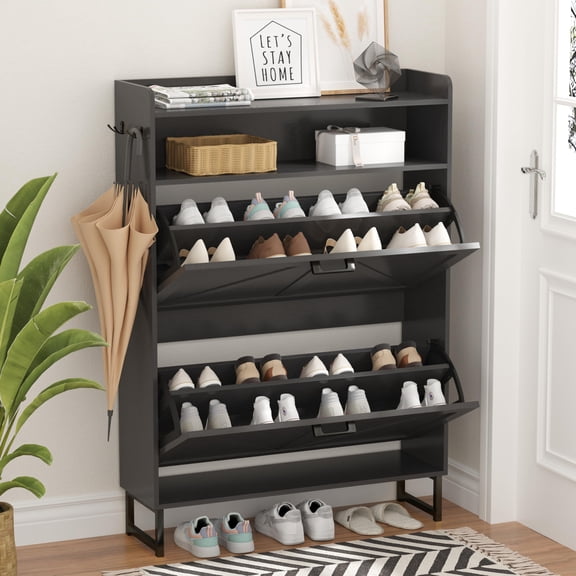 Modern 2 Flip Drawer Shoe Cabinet with Hooks, Narrow Entryway Storage Organizer