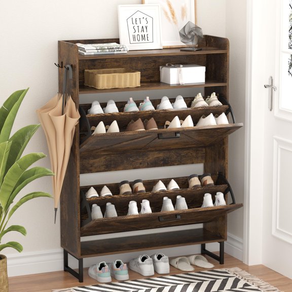 Modern 2 Flip Drawer Shoe Cabinet with Hooks, Narrow Entryway Storage Organizer