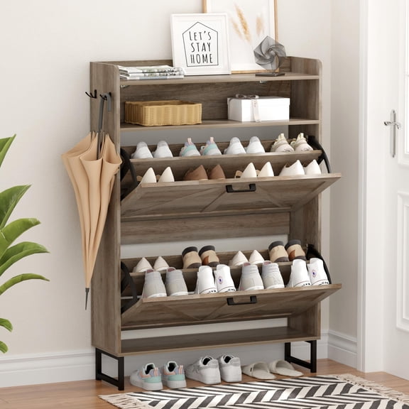 Modern 2 Flip Drawer Shoe Cabinet with Hooks, Narrow Entryway Storage Organizer