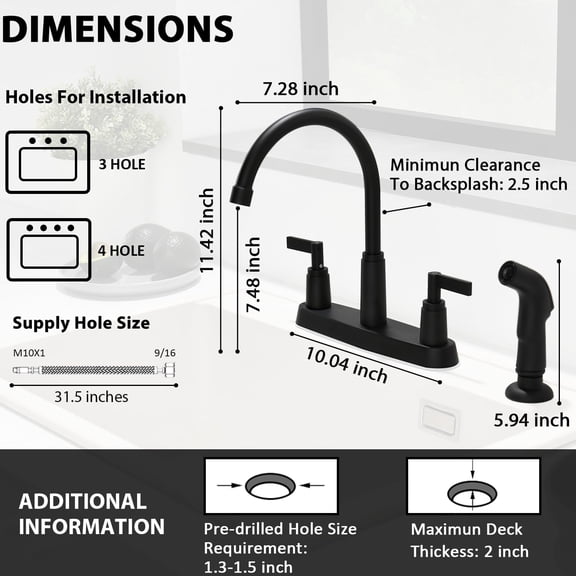 Modern 2 Handle Kitchen Sink Faucet with Side Sprayer, High Arc 360 Swivel Stainless Steel 3 or 4 Hole Kitchen Faucet for Rv Camper Laundry Utility Bar Sinks, Matte Black