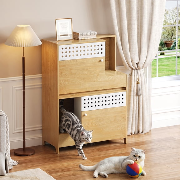 Modern 2 IN 1 Cat Furniture, Cat Litter Box Enclosure Side Table, Cat House with Storage, for 2 Small-Medium Sized Cats - NATURAL