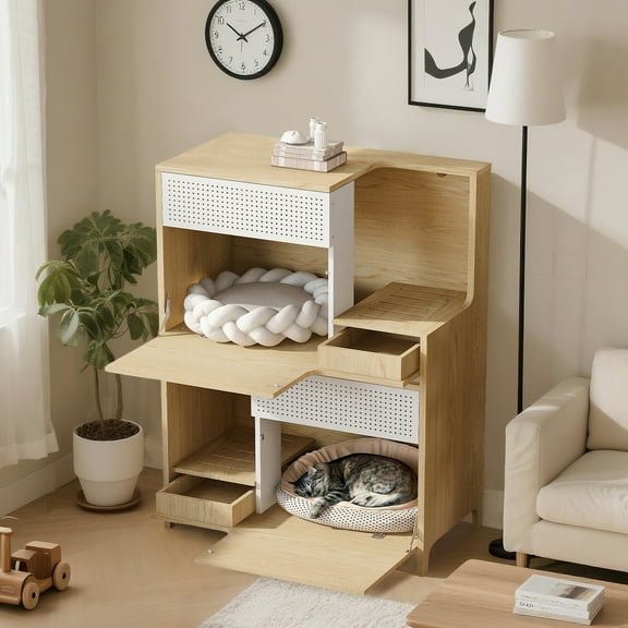 Modern 2 IN 1 Cat Furniture, Cat Litter Box Enclosure Side Table, Cat House with Storage, for 2 Small-Medium Sized Cats