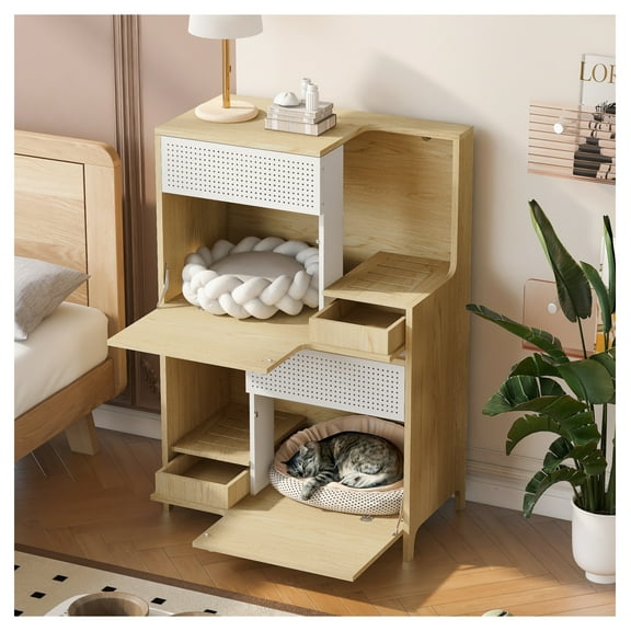 Modern 2 IN 1 Cat Furniture, Cat Litter Box Enclosure Side Table, Cat House with Storage, for 2 Small-Medium Sized Cats