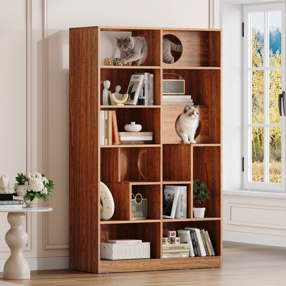 Modern 2 IN 1 Wood Bookshelf Cat House, Cat Tree Display Case with Storage, Cat Litter Box Enclosure Climbing Shelf - BROWN