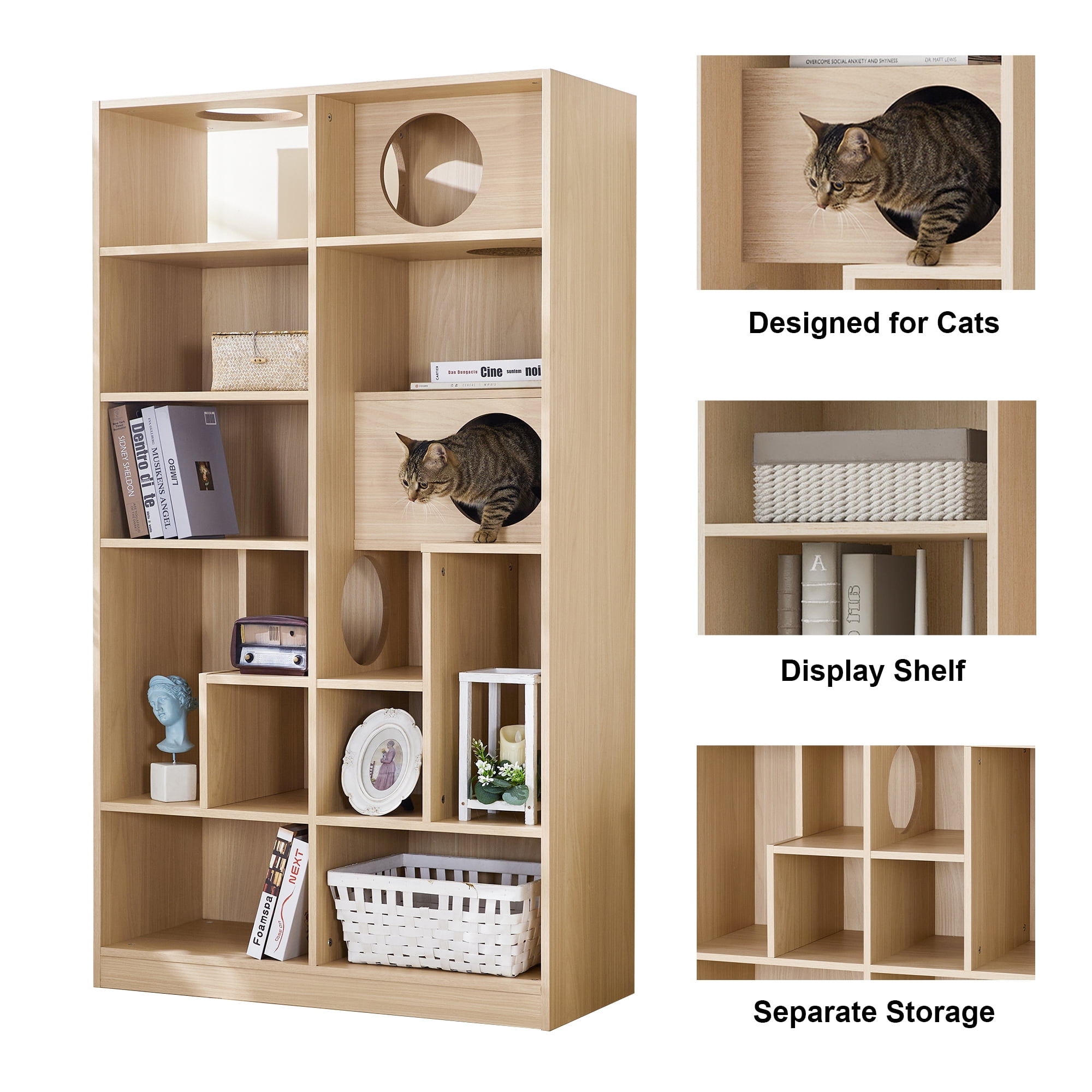 Modern 2 IN 1 Wood Bookshelf Cat House, Cat Tree Display Case with ...