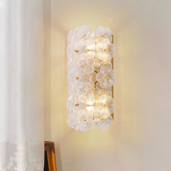 Modern 2-Light Brass Wall Sconce with Embossed Clear Floral Glass Shades for Bedroom