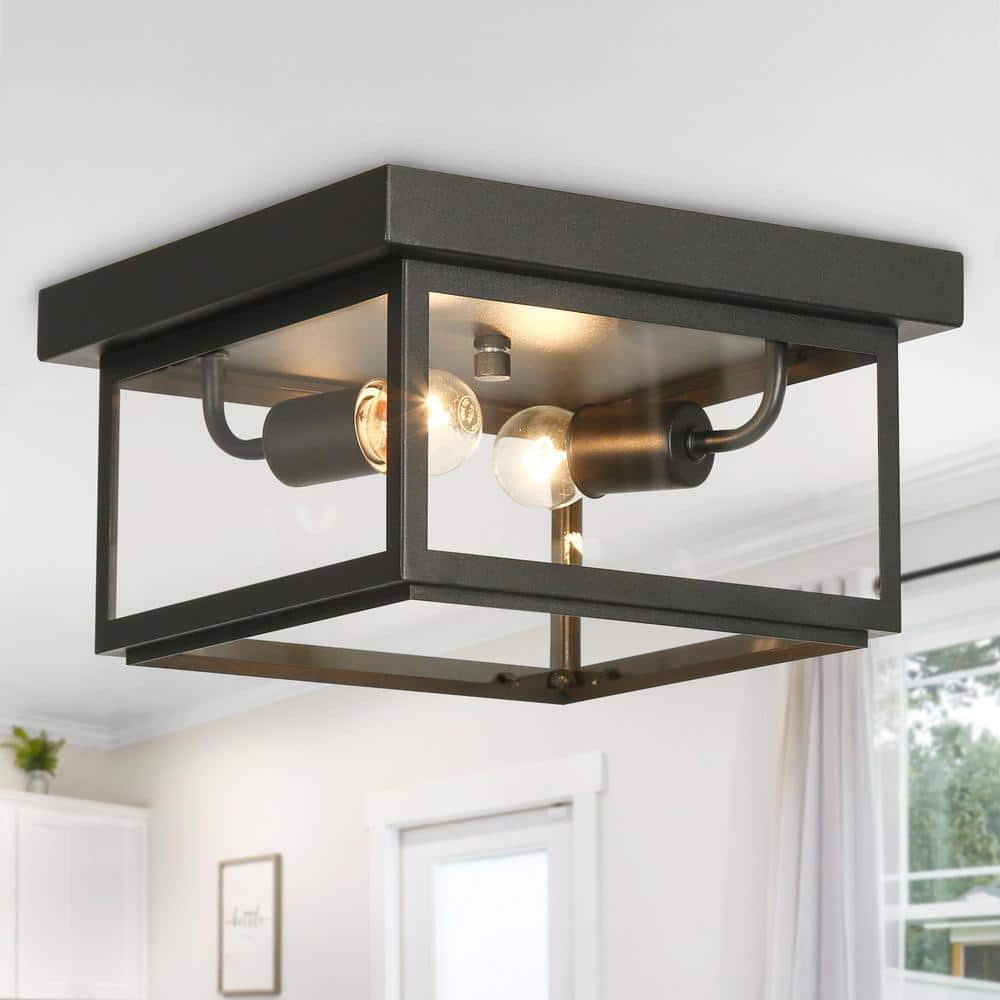 Modern Matte Black 2-Light Flush Mount with Clear Glass Shade
