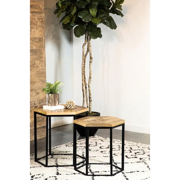 Modern 2 Nesting Tables With Hexagon-shaped Mango Wood Inlay Tops And Black Metal Bases For Living Area Geometric Frames