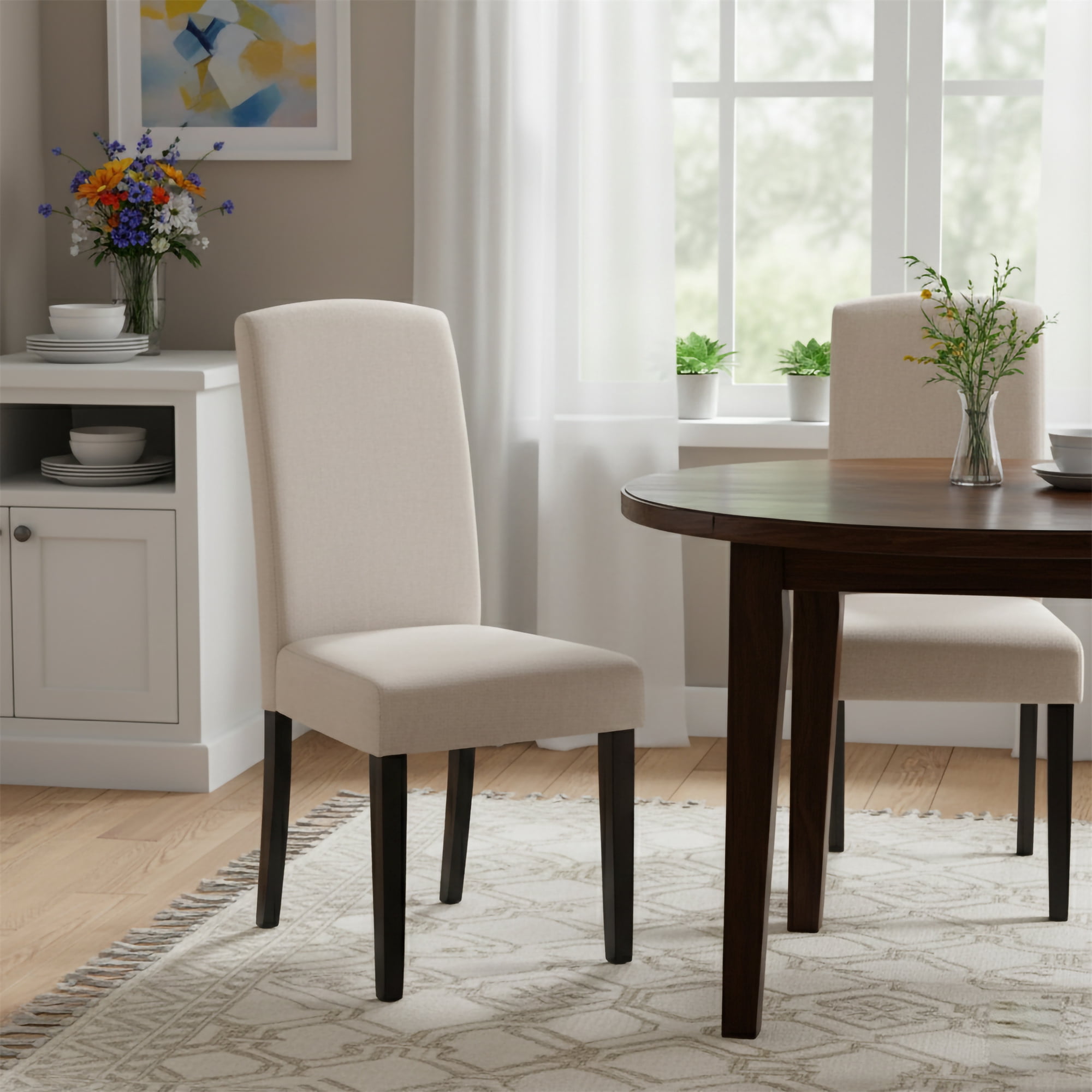Modern 2 PC Polyester Dining Chair Set with Diamond Tufted Back and Wooden Legs, Beige - AC Pacific