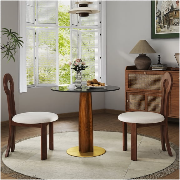 Modern 2-Person Round Dining Table with Gold Base & Tempered Glass Top for Small Spaces