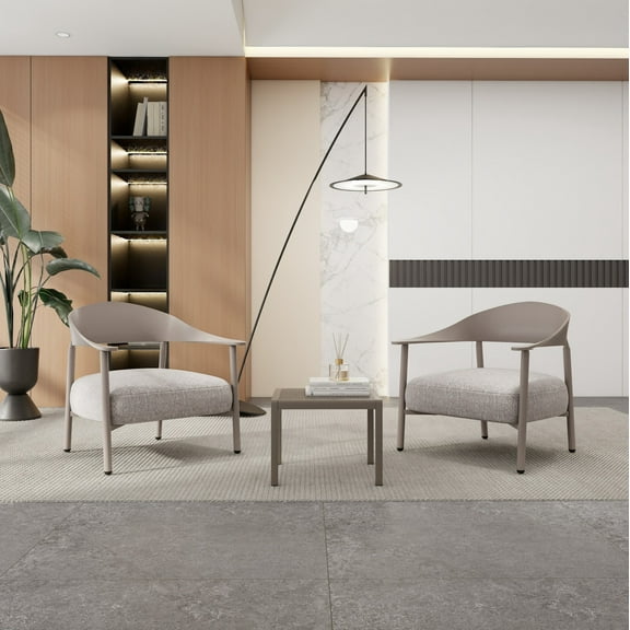 Modern 2-Piece Accent Chair and Coffee Table Set with Sturdy Steel Frame and Soft Cushioned Seats Warm Grey for Living Room, Balcony Lounge (2 Chairs + 1 Table, Easy Assembly)