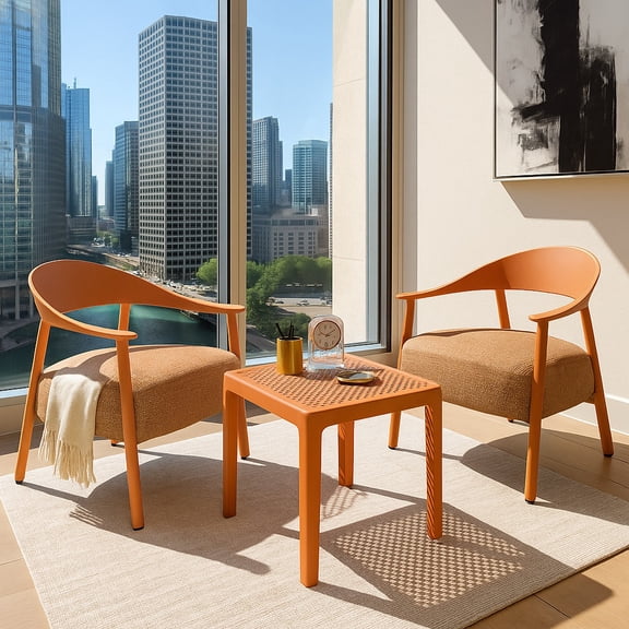 Modern 2-Piece Accent Chair Set with Coffee Table  Apricot Brown PP & Steel Frame Sofa Set, Soft Cushioned Seating for Living Room, Lounge, Balcony (2 Chairs + 1 Table)