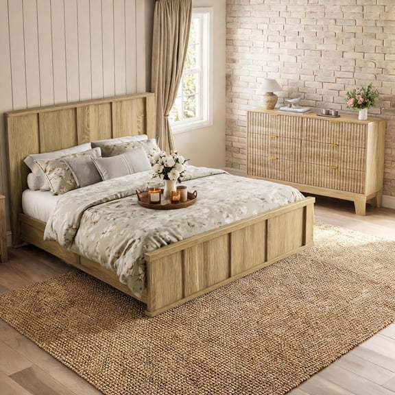 Modern 2-Piece Bedroom Set – Solid Wood Platform Bed with Tall Headboard & Fluted 6-Drawer Dresser, Wooden Storage Chest for Bedroom