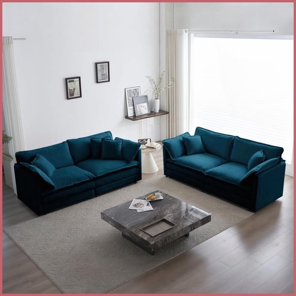 Modern 2-Piece Blue Chenille Sofa Set - Modular 2-Seat Loveseat & Couch for Living Room/Home Office with Solid Wood Frame