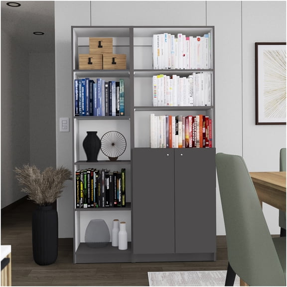 Modern 2-Piece Bookcase Set with Cabinet Doors, 8 Shelves Storage Organizer for Living Room, Office & Apartment, Multicolor Finish