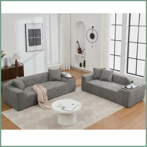 Modern 2-Piece Boucle Cloud Sofa Set 3+2 Seater with MDF End Tables for Living Room, Dark Gray