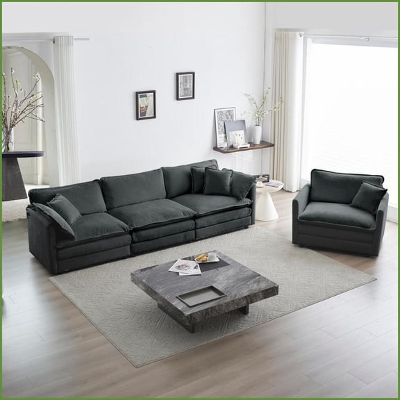 Modern 2-Piece Chenille Sofa Set | 1+3 Seat Living Room Sectional with Solid Wood Frame | Gray Deep Seat Comfort