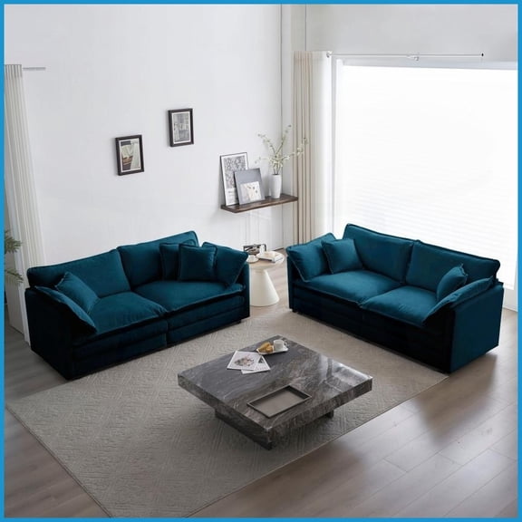 Modern 2-Piece Chenille Sofa Set, 2+2 Seat Upholstered Loveseat & Couch for Living Room/Home Office, Flexible Modular Design, Blue