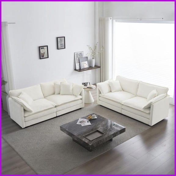 Modern 2-Piece Chenille Sofa Set 2-Seat Loveseat & Couch for Living Room/Home Office, Sturdy Solid Wood Frame