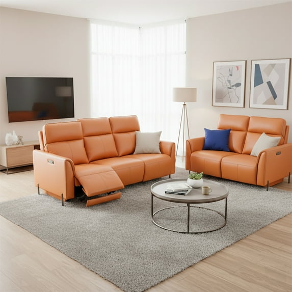 Modern 2-Piece Leather Reclining Sofa Set with Power Recliners and Head Control, Orange