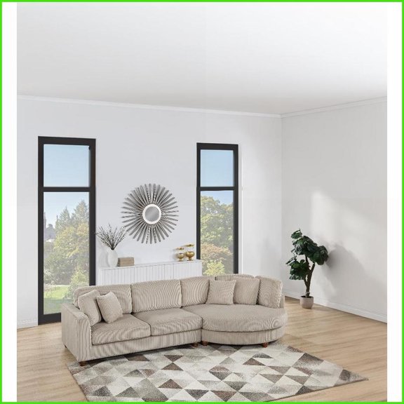 Modern 2-Piece Living Room Sectional Set - Plush Corduroy, Round RAF Chaise & LAF Sofa with Pillows | Camel | Corduroy | Cushion Back