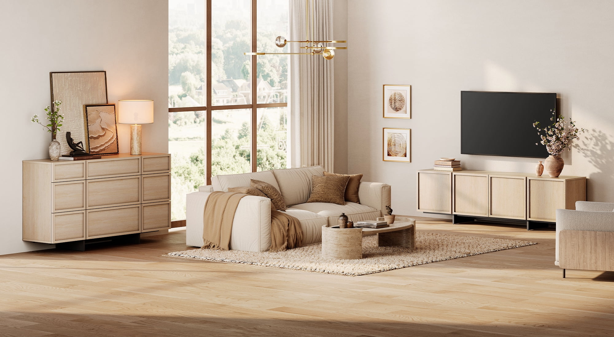 Modern 2-Piece Living Room Set, 70.9" TV Stand Entertainment Center & 57.5" 9-Compartment Storage Cabinet, 4-Door Closed Storage with T-Shaped Legs,Beige
