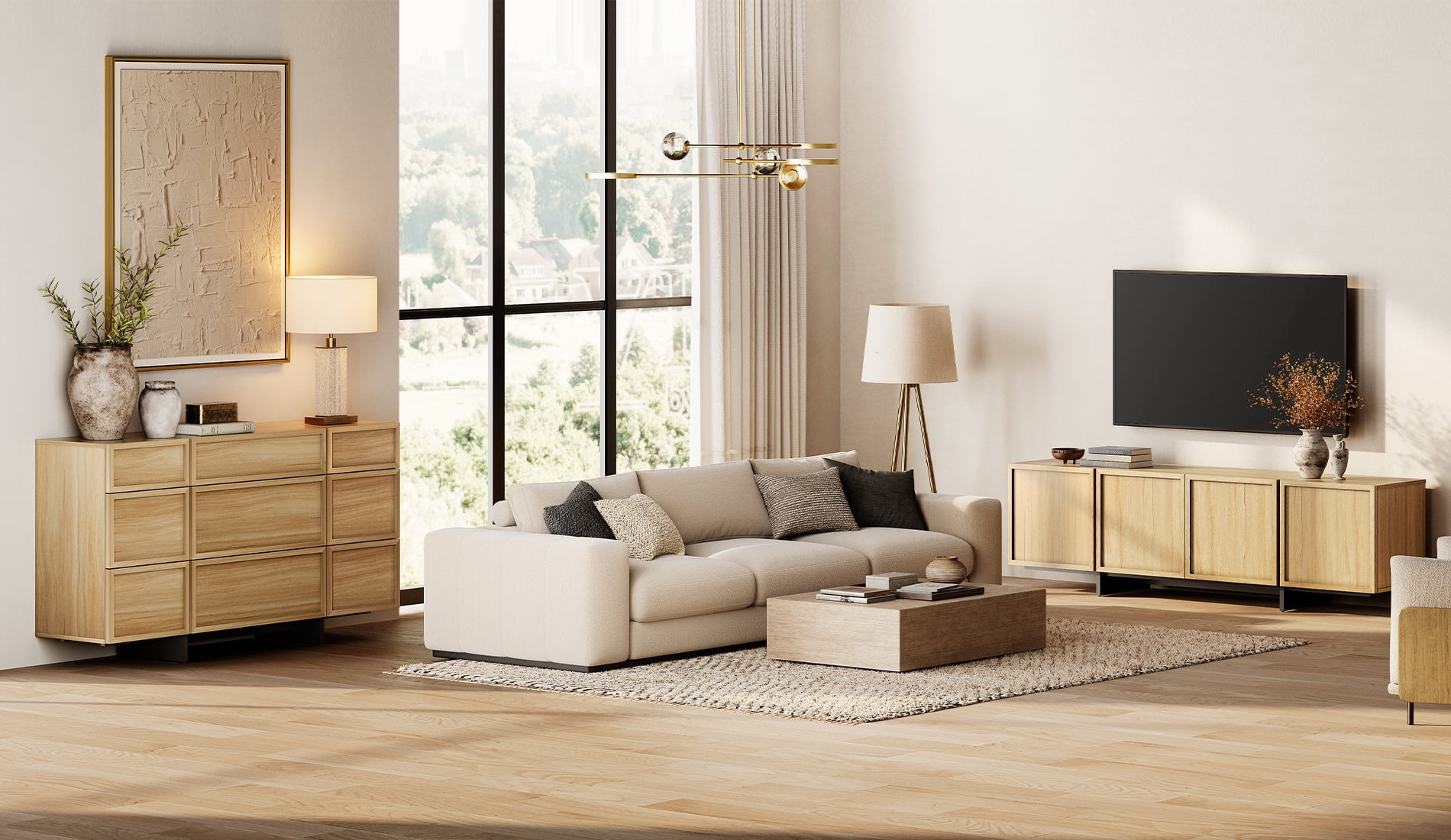 Modern 2-Piece Living Room Set, 70.9" TV Stand Entertainment Center & 57.5" 9-Compartment Storage Cabinet, 4-Door Closed Storage with T-Shaped Legs,Oak