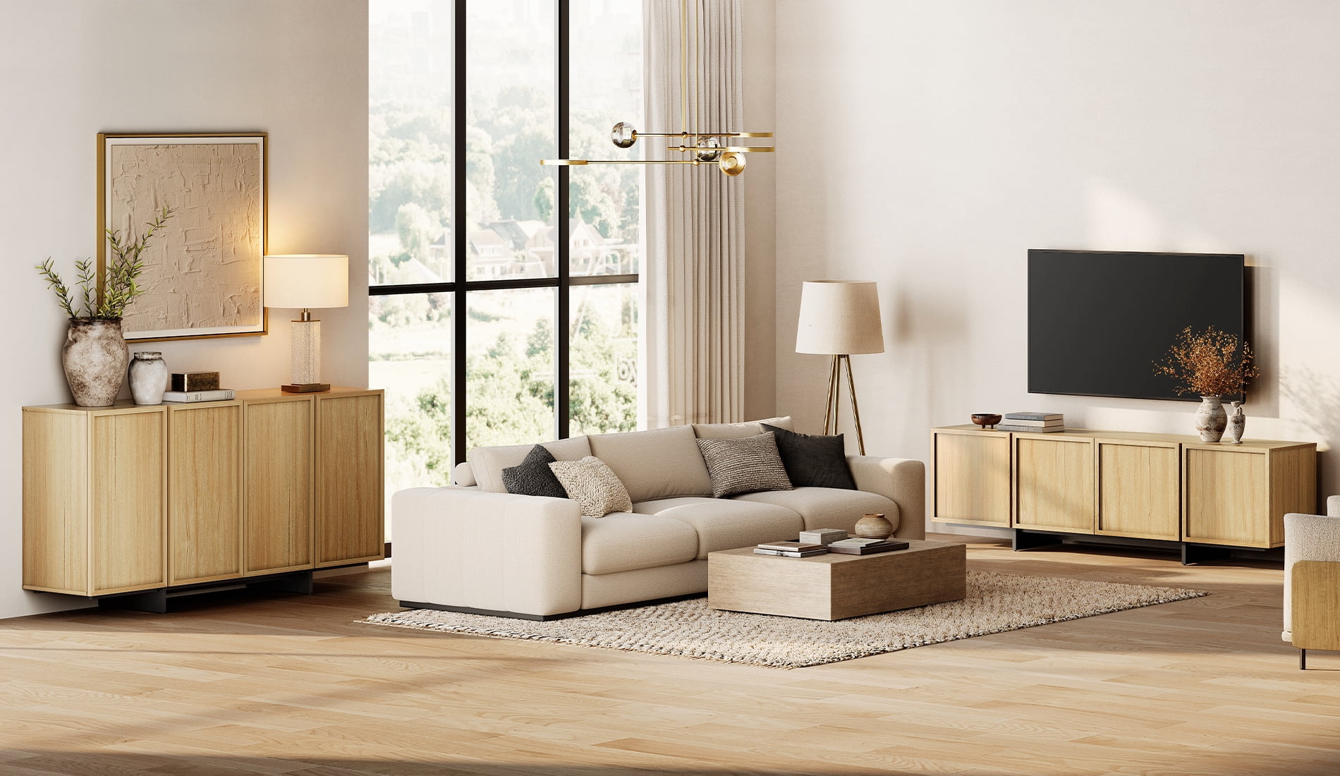 Modern 2-Piece Living Room Set, 70.9" TV Stand Entertainment Center & 63" Sideboard Buffet Cabinet, 4-Door Closed Storage with T-Shaped Legs, Coffee Bar Cabinet,Oak