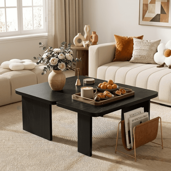 Modern 2-Piece Modular Coffee Table Set, Splicing Rectangle Center Table with Wood Grain Finish for Living Room, Black