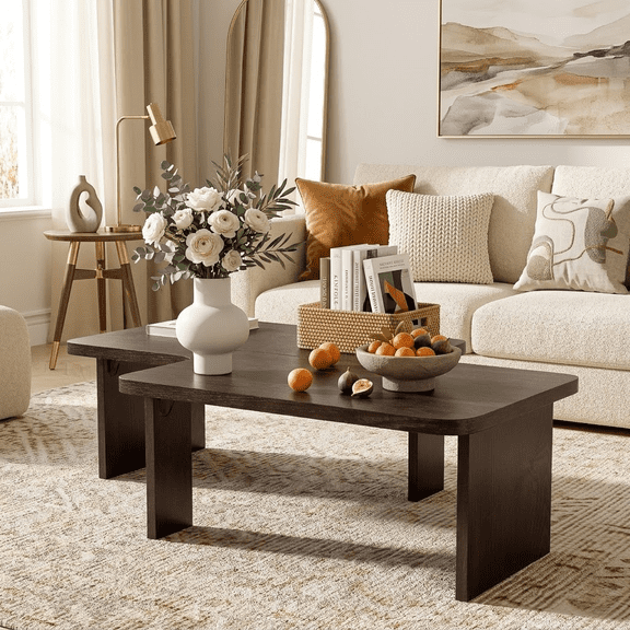 Modern 2-Piece Modular Coffee Table Set, Splicing Rectangle Center Table with Wood Grain Finish for Living Room, Brown