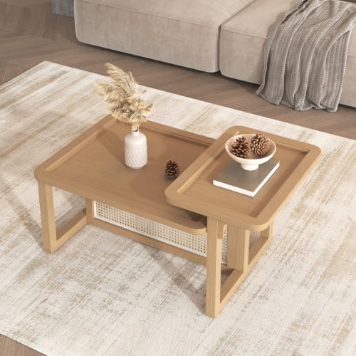 Modern 2-Piece Nesting Coffee Table Set, Natural Rattan and Wood MDF Finish