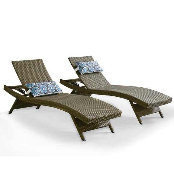 Edyo Living 2 Piece Patio Chaise Lounge Chair Set with Adjustable Backrest and Pillow for Outdoor Pool, Lawn, Beach - Brown
