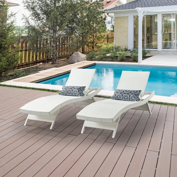 Edyo Living 2 Piece Patio Chaise Lounge Chair Set with Adjustable Backrest and Pillow for Outdoor Pool, Lawn, Beach - White