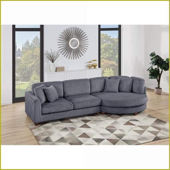 Modern 2-Piece Plush Corduroy Sectional Sofa with Round Chaise & Pillows - Living Room | Dark Gray | Corduroy | Cushion Back