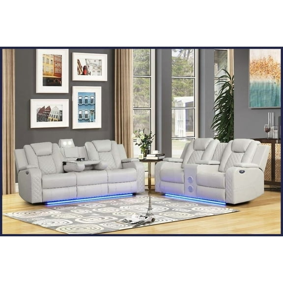 Modern 2-Piece Power Reclining Living Room Set with Faux Leather & LED Lighting Sofa & Loveseat