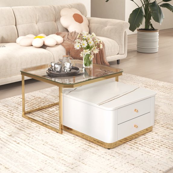 Modern 2 Pieces White Square Nesting Coffee Table with Drawers & Electroplated gold legs in 27.6'', Metal Frame Cocktail Table