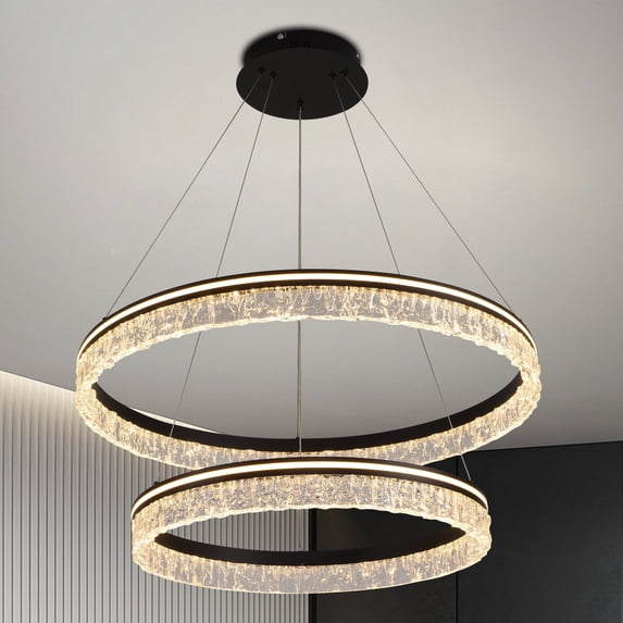 Modern 2-Ring Black LED Chandelier, Dimmable Pendant Light with Remote, Adjustable Height Ceiling Fixture for Kitchen Island, Dining Room, Bedroom