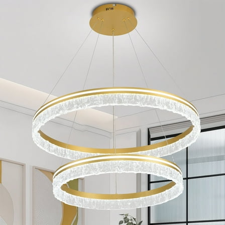 Modern 2-Ring Gold LED Chandelier, 31.4 inch Dimmable Pendant Light with Remote, Adjustable Height Ceiling Fixture for Kitchen Island, Dining Room