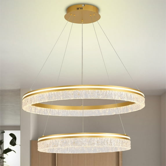 Modern 2-Ring Gold LED Chandelier, Dimmable Pendant Light with Remote, Adjustable Height Ceiling Fixture for Kitchen Island, Dining Room, Bedroom