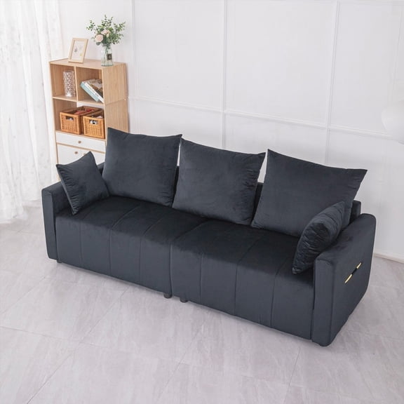 Modern 2-Seat Black Two-Tone Sectional Couch in Velvet, 82" Living Room Furniture, Easy to Assemble