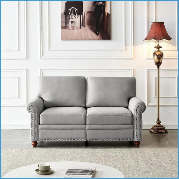 Modern 2-Seat Loveseat with Under-Seat Storage – Linen-Look Polyester Fabric | Grey | Round Arms | Polyester