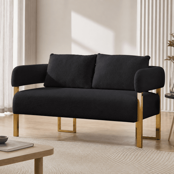 Modern 2-Seat Sofa, Black Teddy Upholstery with Gold Metal Legs