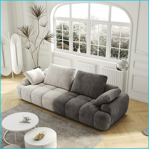 Modern 2-Seat Sofa with Thickened Suede Fabric, 86.6'' Large Size for Living Room, Beige & Grey Contrast Design