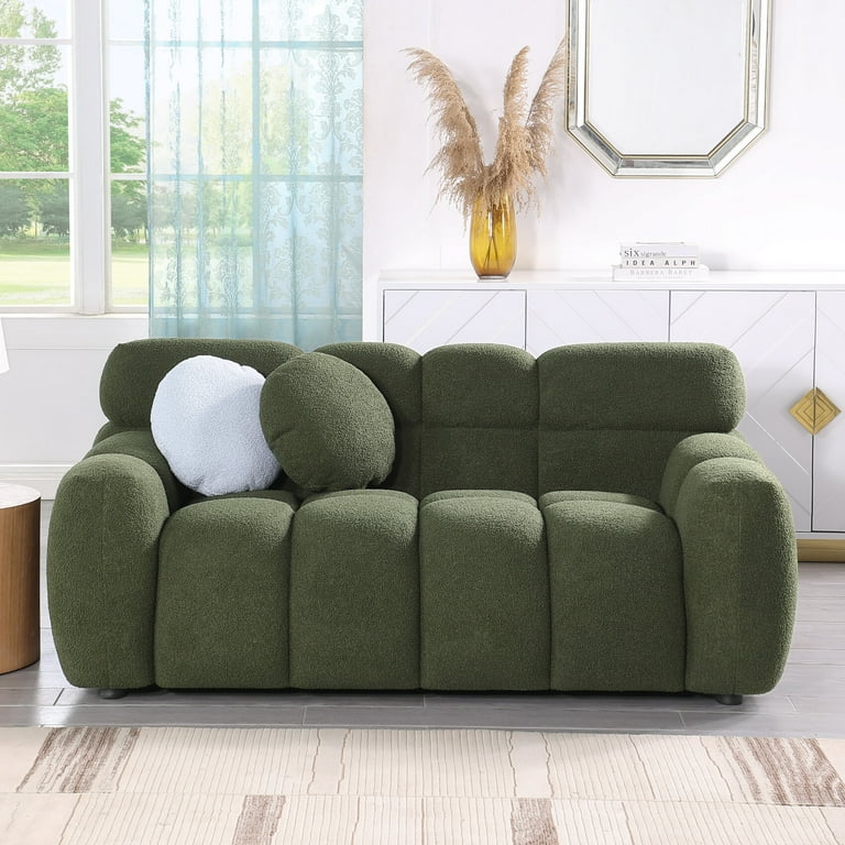 Chic 2 Seater Boucle Sofa Marshmallow Design Plush Cushions Split Back Perfect for Modern Spaces Olive Green B