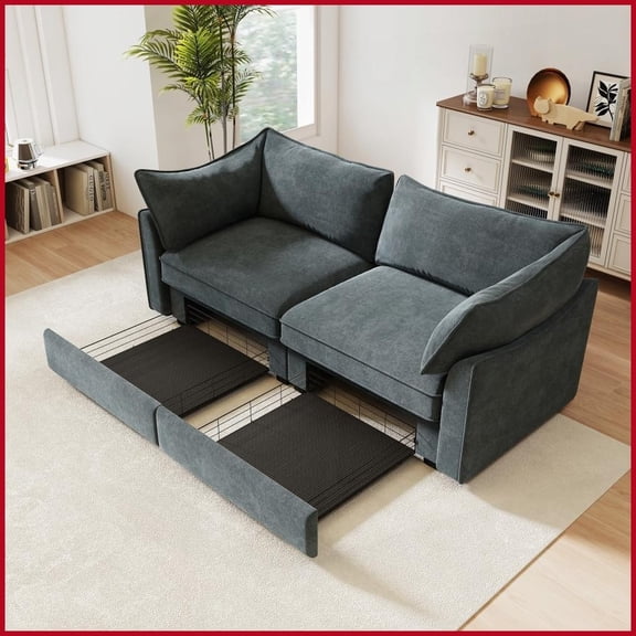 Modern 2-Seater Chenille Sofa with Storage Drawers - Crescent Armrests for Small Living Rooms, Gray