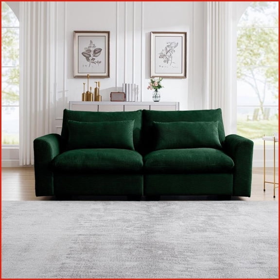 Modern 2-Seater Corduroy Sofa with Cushion Back & Flared Arms Ideal for Apartment Living Room | Corduroy | Green | Cushion Back